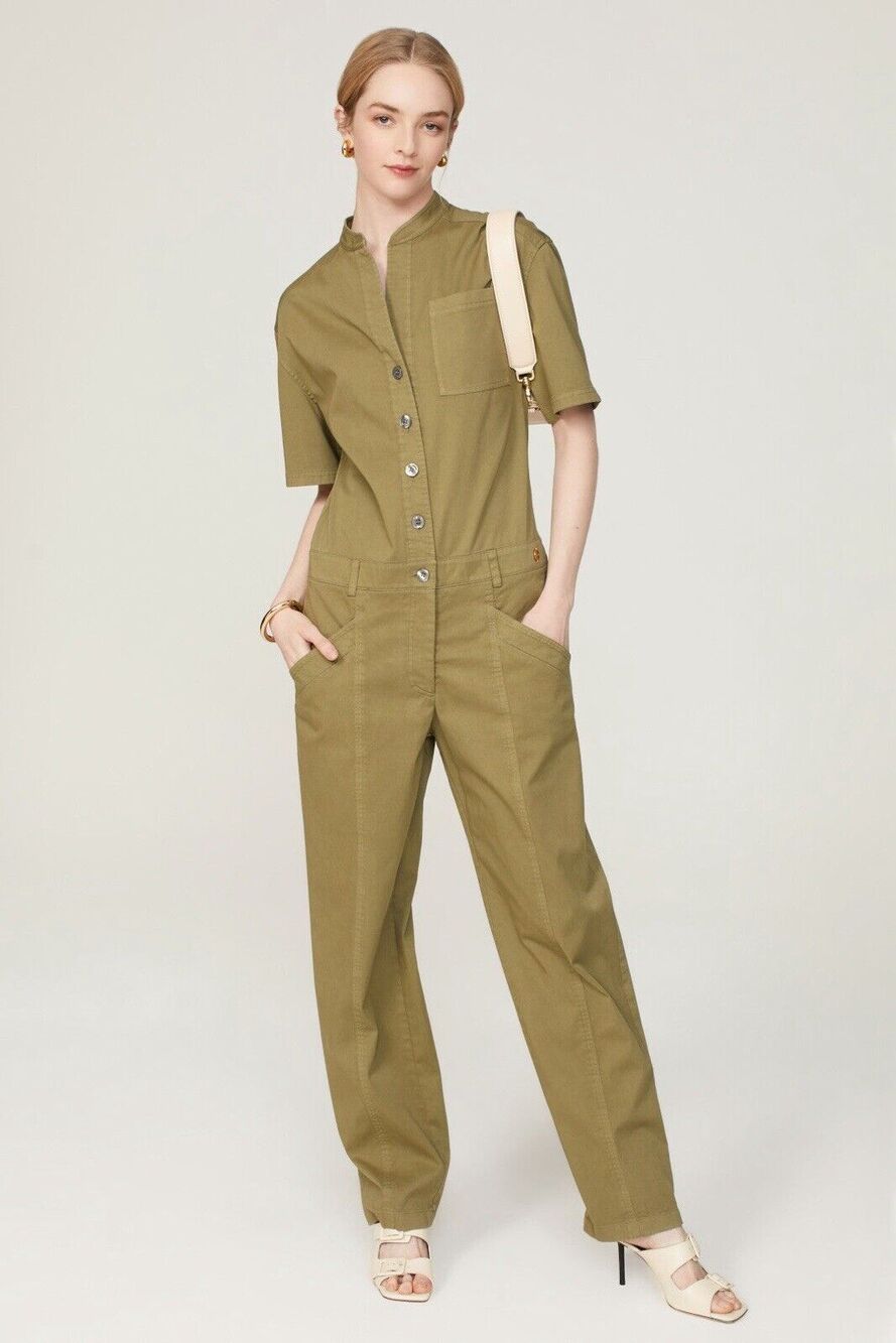 CÂLLAS Kenna Button Down Green Utility Stretch Collar Short Slv Jumpsuit US 4
